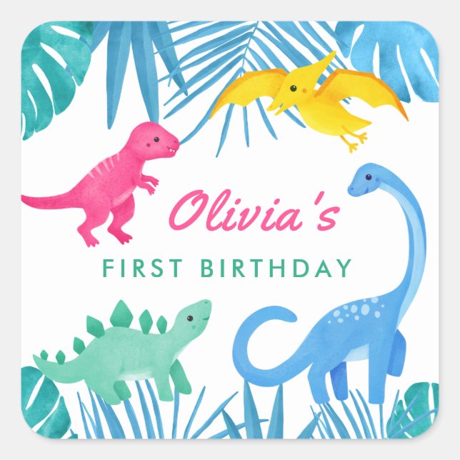 Sticker Carré Dinosaur fille 1er anniversaire coloré (Devant)