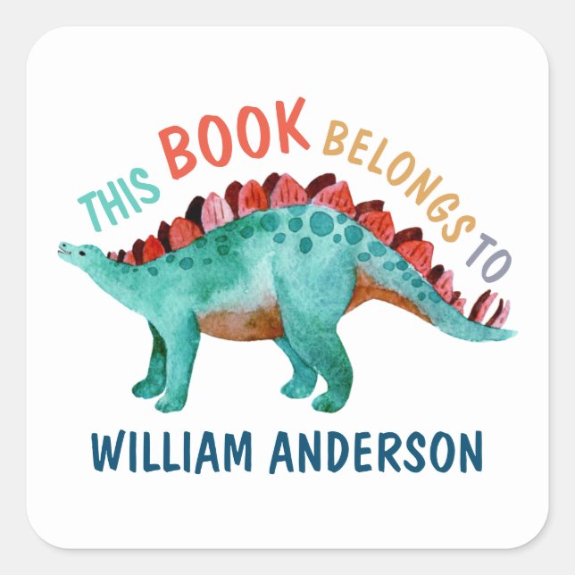 Sticker Carré Dinosaur Nom "Ce livre appartient à" École (Devant)