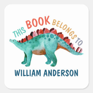 Sticker Carré Dinosaur Nom "Ce livre appartient à" École
