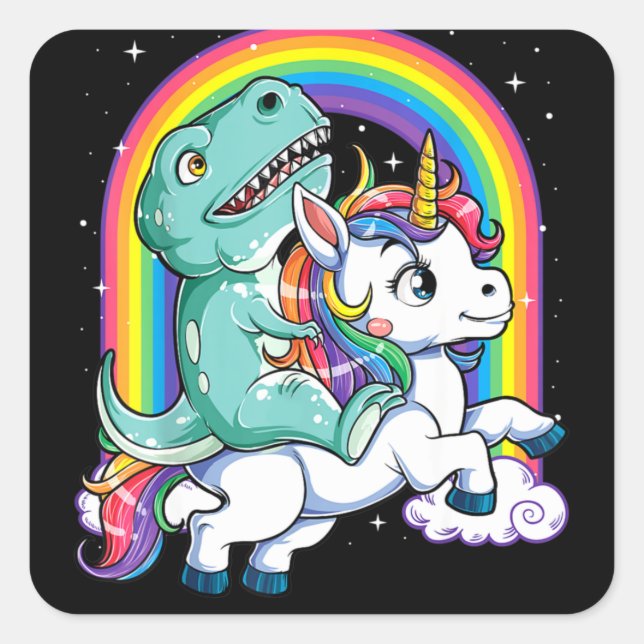 Sticker Carré Dinosaur Riding Unicorn Kids Rainbow (Devant)