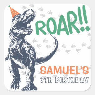 Sticker Carré Dinosaur T-Rex en Chapeau de Fête Anniversaire