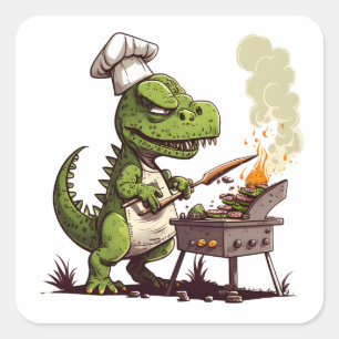 Sticker Carré Dinosaure Bébé À L'Aide D'Une Viande Cuisine Grill