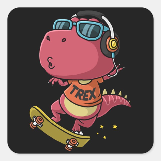 Sticker Carré dinosaure cool jouant skate board (Devant)