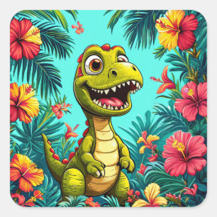 Sticker Carré Dinosaure de dessin animé joyeux avec des fleurs t