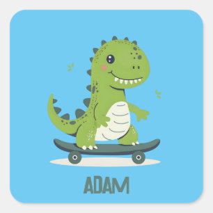 Sticker Carré Dinosaure De Skateboard Amusant Avec Nom Enfants