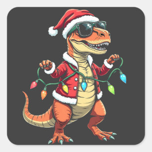 Sticker Carré Dinosaure enveloppé de lumières de Noël Santa Hat