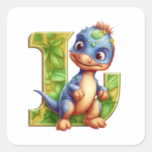 Sticker Carré Dinosaure joueuse et Lettre feuilletée L
