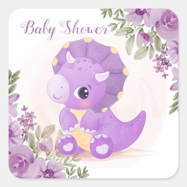 Sticker Carré Dinosaure mou avec Baby shower Floral (Devant)