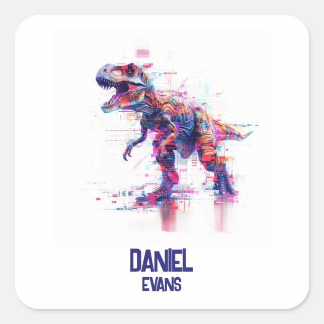 Sticker Carré Dinosaure Rex T-Rex Futuriste Avec Nom Enfants (Devant)