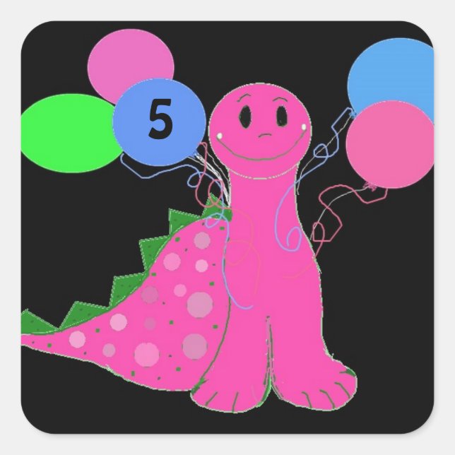 Sticker Carré Dinosaure rose Anniversaire personnalisable Age (Devant)