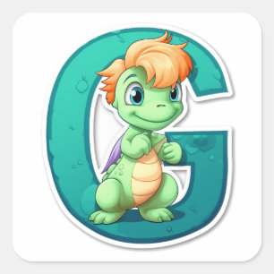 Sticker Carré Dinosaure vert avec la lettre G