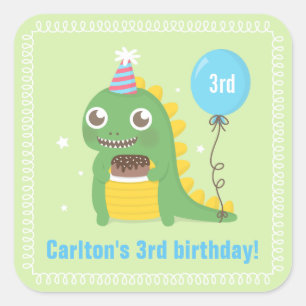 Sticker Carré Dinosaure Vert Cute Fête d'Anniversaire