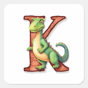 Sticker Carré Dinosaure vert et lettre K