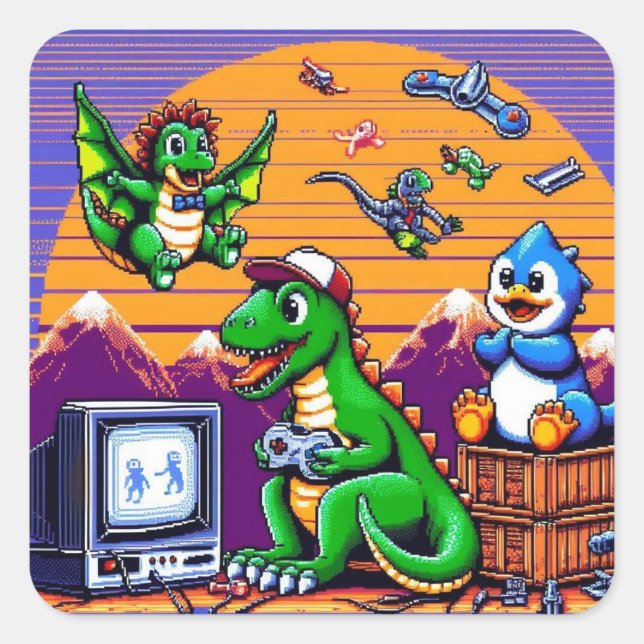 Sticker Carré Dinosaures 8 bits jouant à des jeux vidéo (Devant)