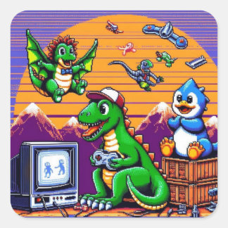 Sticker Carré Dinosaures 8 bits jouant à des jeux vidéo