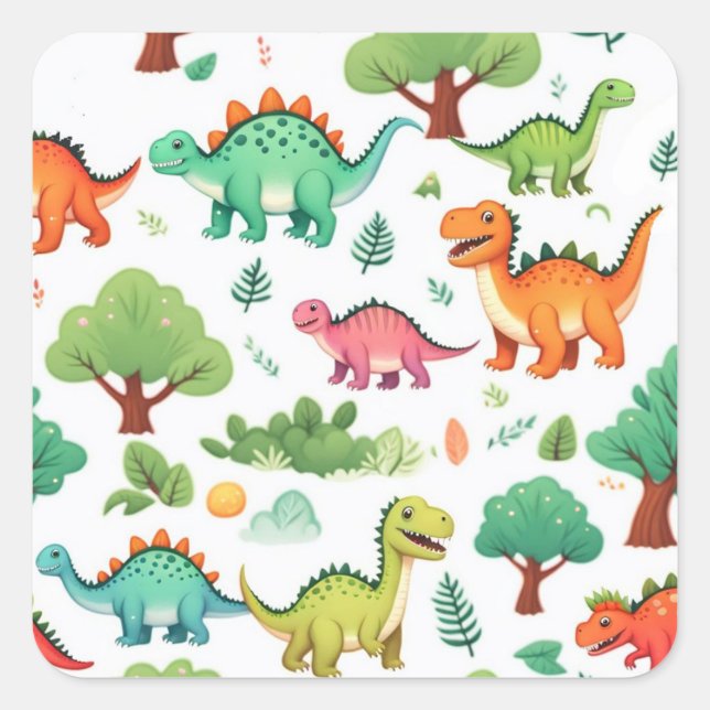 Sticker Carré Dinosaures et arbres motif blanc (Devant)