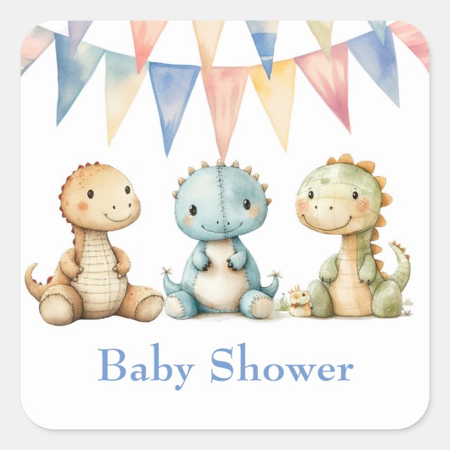 Sticker Carré Dinosaures mignons et amis Baby shower garçon (Devant)