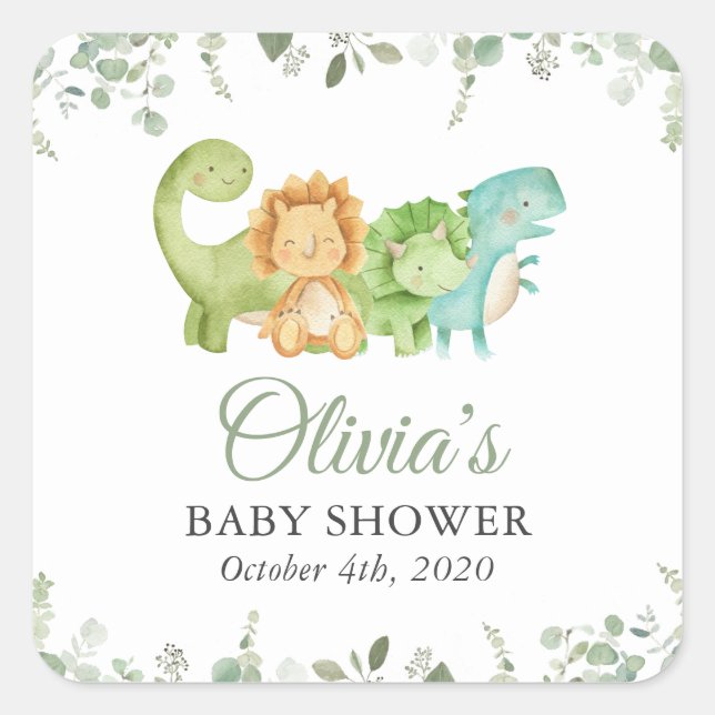 Sticker Carré Dinosaures mignons, T-Rex, Jurassique, Baby shower (Devant)