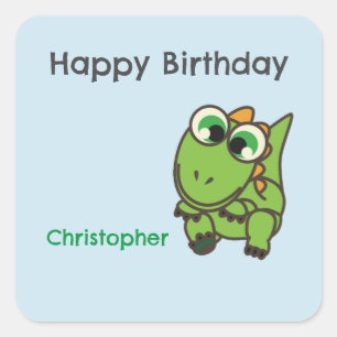 Sticker Carré Dinosaures verts mignons personnalisés bleu annive