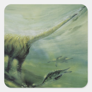 Sticker Carré Dinosaures Vintage, Brachiosaurus nageant dans l'o