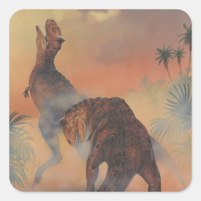 Sticker Carré Dinosaures vintages, Carnotaurus rugissant dans la (Devant)