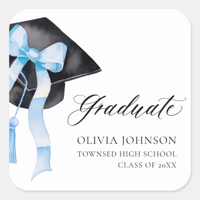 Sticker Carré Diplômé Bleu Bow Coquette Graduation Cap (Devant)