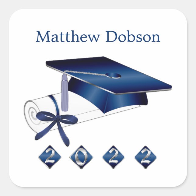 Sticker Carré Diplôme de mortier bleu argent 2022 (Devant)