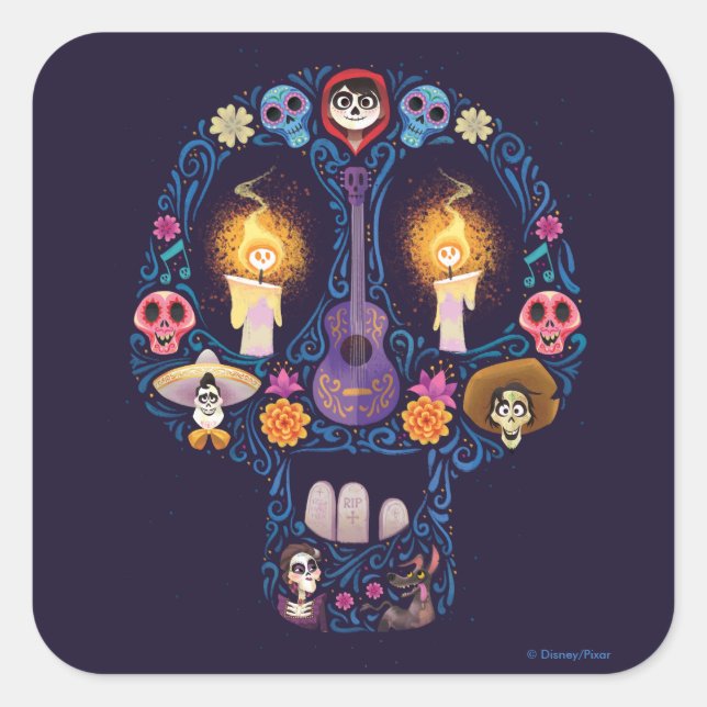 Sticker Carré Disney Pixar Coco | Caractère Crâne à sucre (Devant)