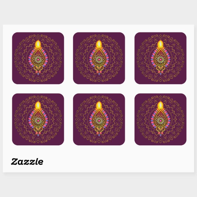 Sticker Carré Diwali Bijoux Diya Design bougie Mandala Purple (Feuille)