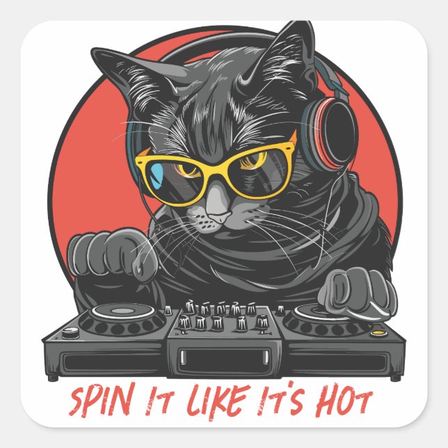 Sticker Carré DJ de chat cool (Devant)