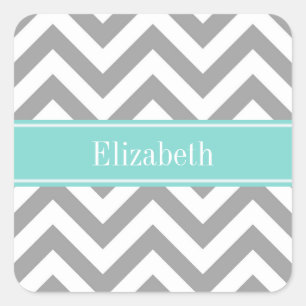 Sticker Carré Dk Gris Blanc LG Chevron Turquoise Monogramme Nom