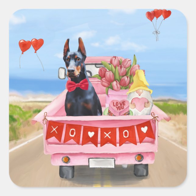 Sticker Carré Doberman Chien Saint-Valentin Coeurs de camion (Devant)