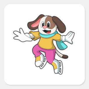 Sticker Carré Dog at Ice skating with Ice skates