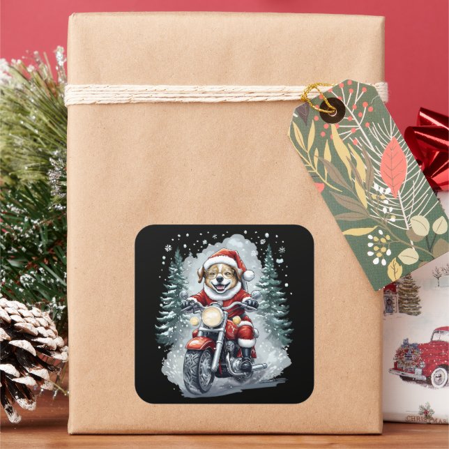 Sticker Carré Dog Santa Motorcycle Black Background (vacances)