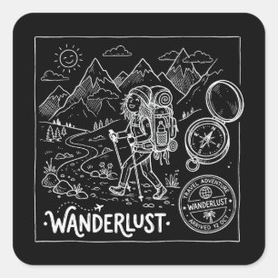 Sticker Carré Doodle de routard Wanderlust