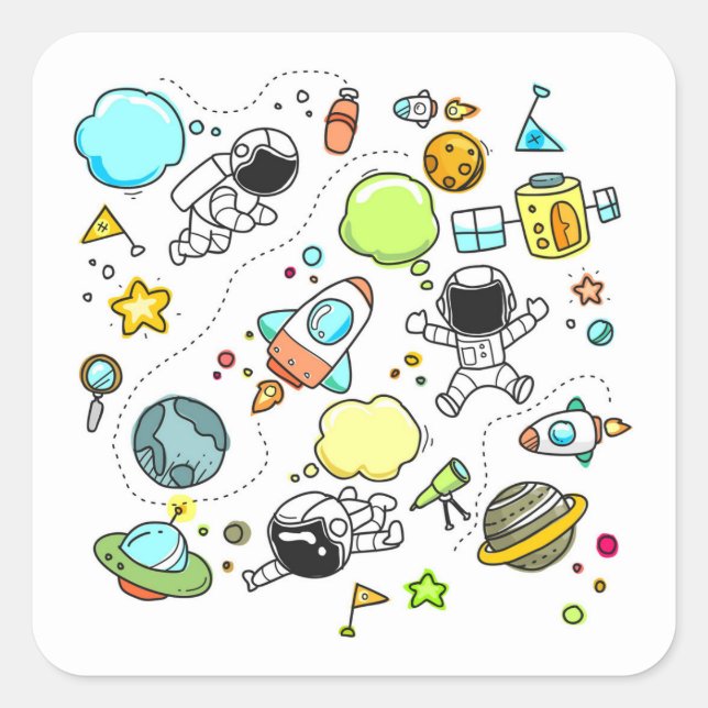 Sticker Carré Doodle spatial très mignon pour enfants (Devant)