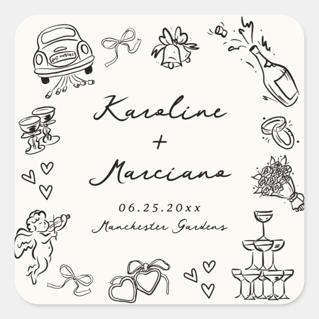 Sticker Carré Doodles Mariages dessinés à la main (Devant)
