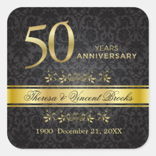 Sticker Carré Doré brille noir Damas 50 Mariage Anniversaire