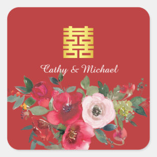 Sticker Carré Double bonheur floral moderne aquarelle rose rouge