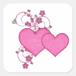Sticker Carré Double cœur rose et design pailleté pour la Saint-