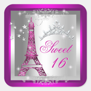 Sticker Carré Douce 16 Douze Ans Rose Diadème Tour Eiffel