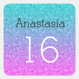 Sticker Carré Douce 16 Seize Ombre Rose Bleu Violet Paillettes