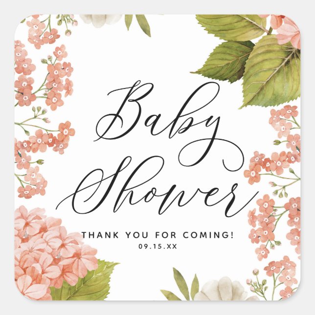 Sticker Carré Douce Baby Shower Hortensias Aquarelle Pêche Rusti (Devant)