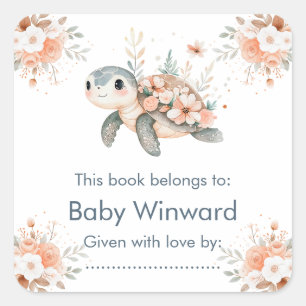 Sticker Carré Douce Fête de Naissance Tortue Florale Bébé