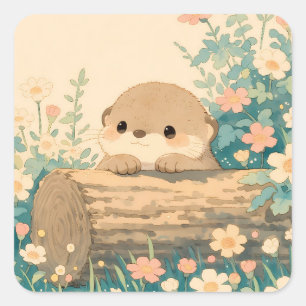 Sticker Carré Douce loutre reposant sur une bûche creuse