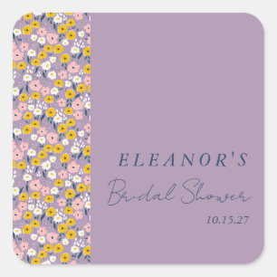 Sticker Carré Douce Mariage Floral Personnalisé Violet Jaune