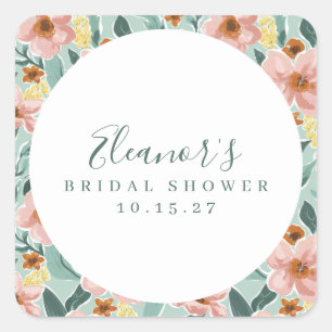 Sticker Carré Douce Sauge Rose Floral Script Mariage Sur Mesure