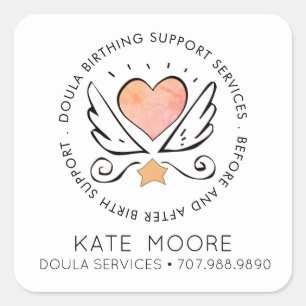 Sticker Carré Doula Ou Coeur De Sage-Femme Avec Ailes Nom Badge 