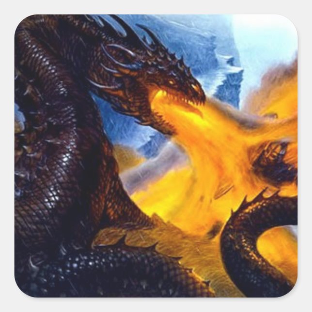Sticker Carré Dragon au feu avec Beowulf (Devant)