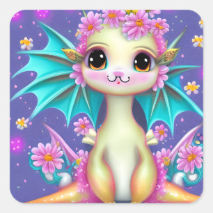 Sticker Carré Dragon Bébé mignon aux fleurs roses